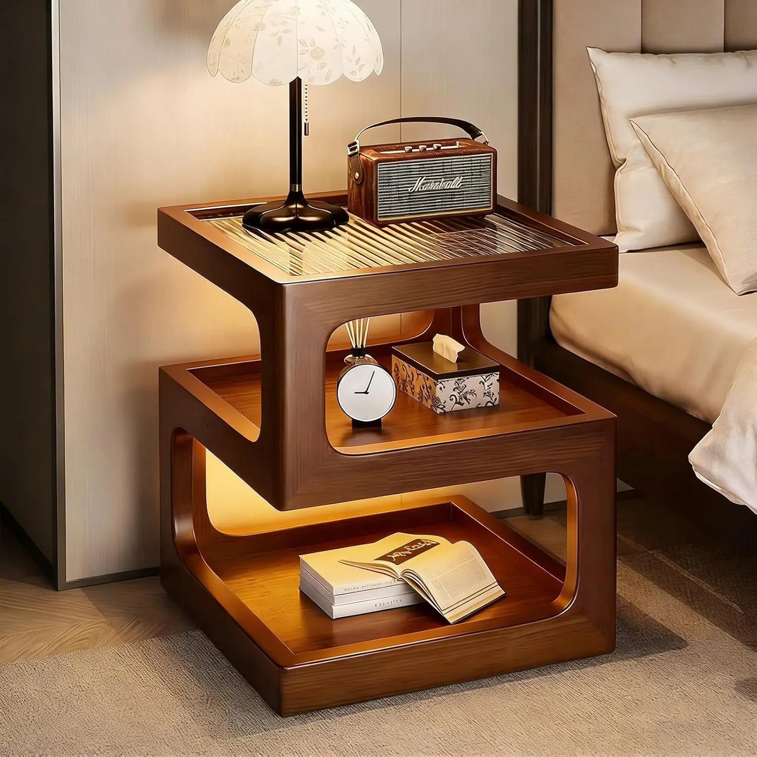 Solid Wood Nightstand with LED Light product view 1