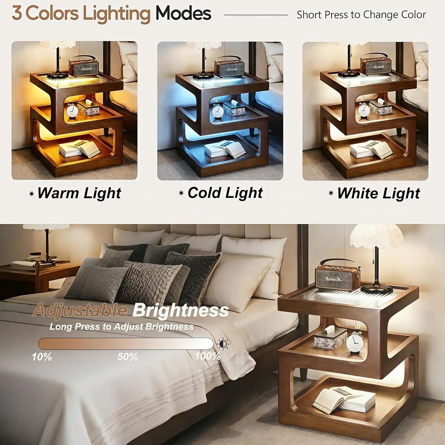 Solid Wood Nightstand with LED Light product view 4