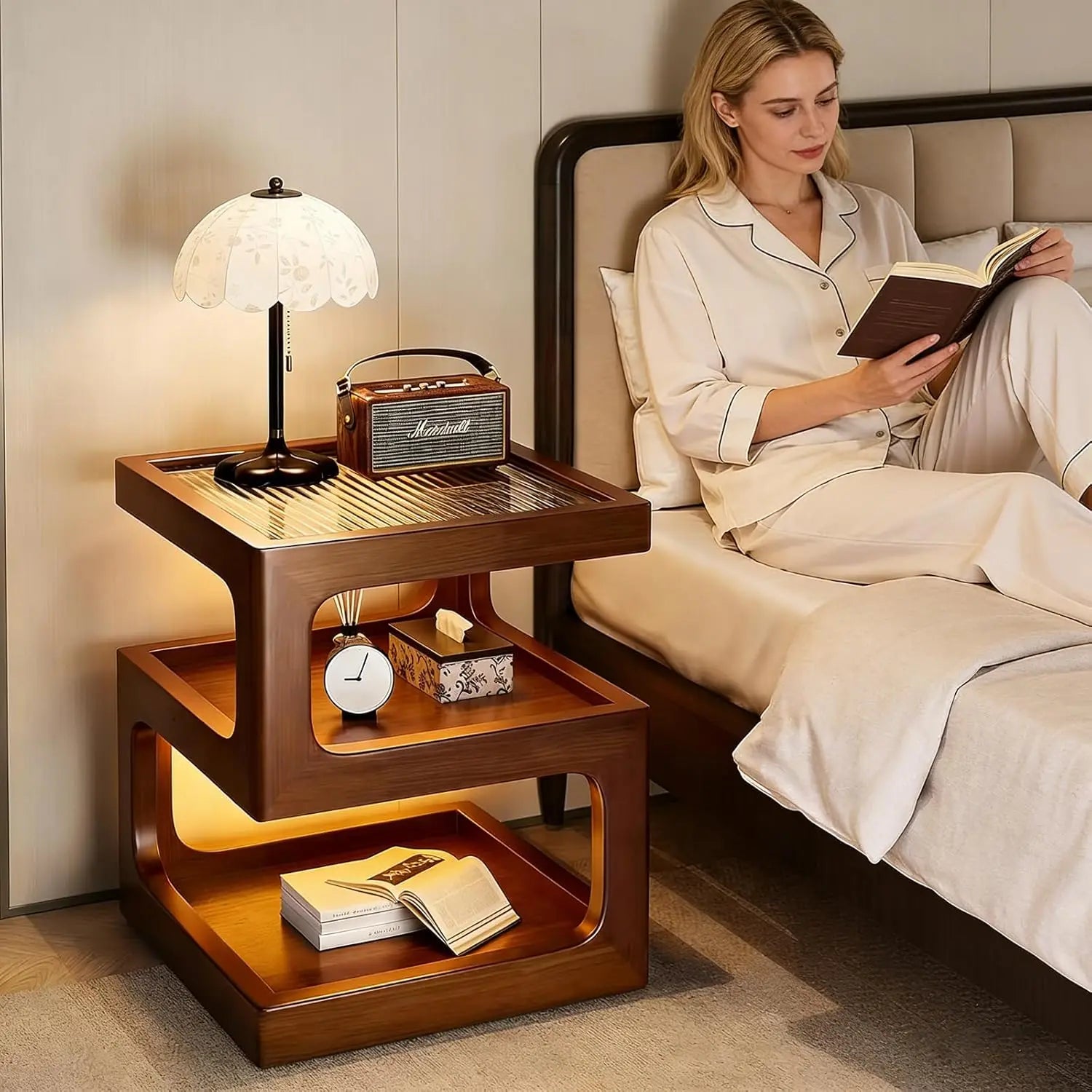 Solid Wood Nightstand with LED Light product view 6